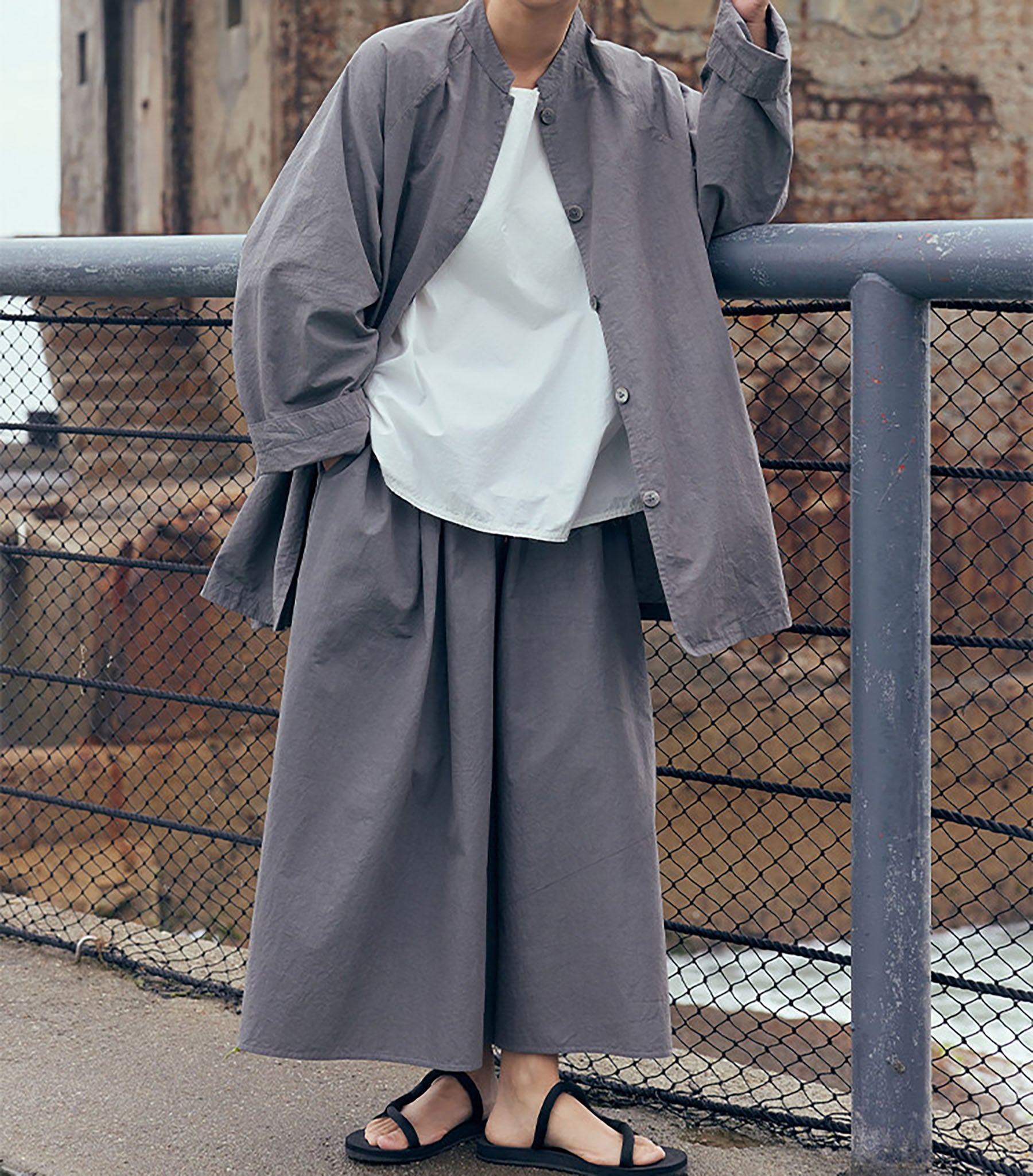 edoa Gray Loose Fitting High Densit Japanese Sun-dried Cotton Wide Leg Pants