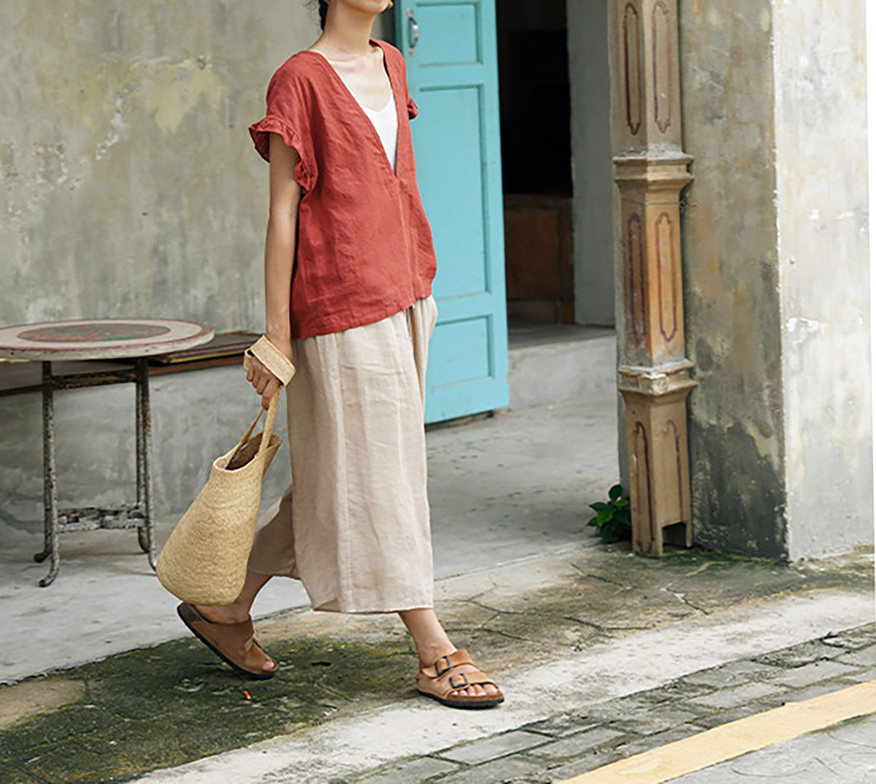 edoa Deep V-neck Washed Linen Pullover Top with Ruffled Sleeves