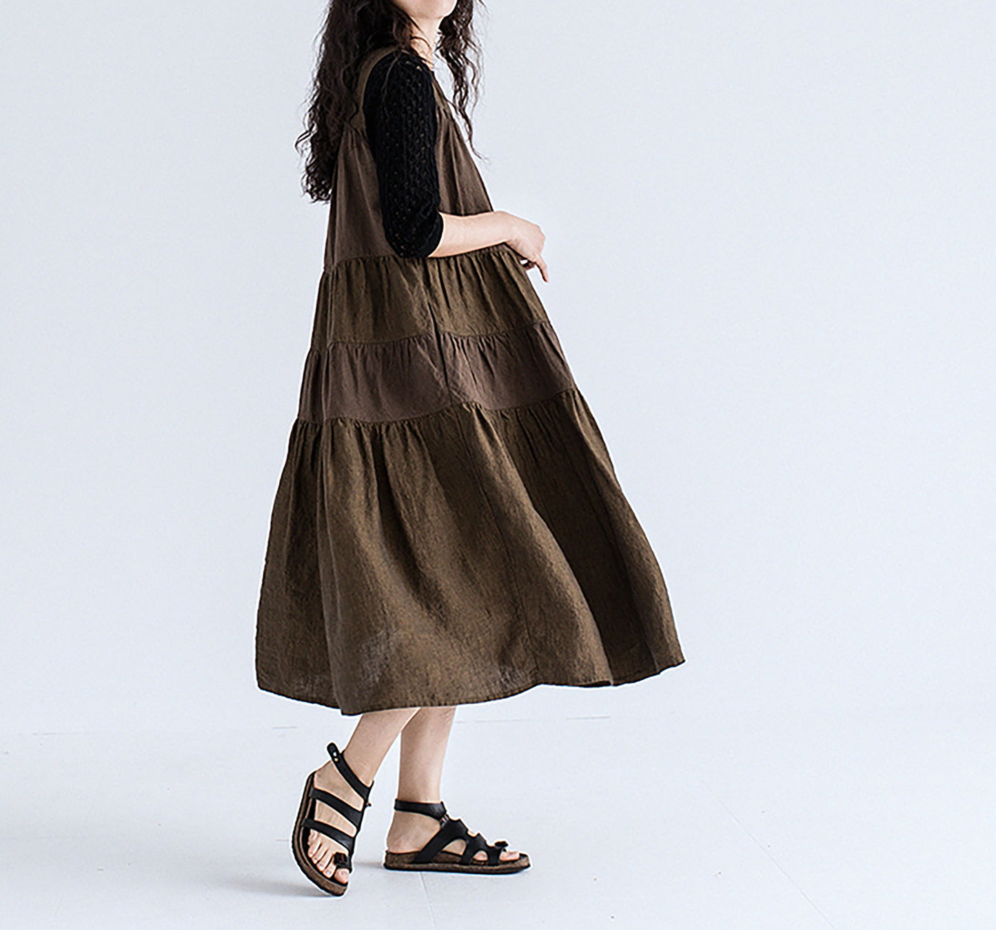 edoa Brown Two-tone Linen Tired Midi Dress