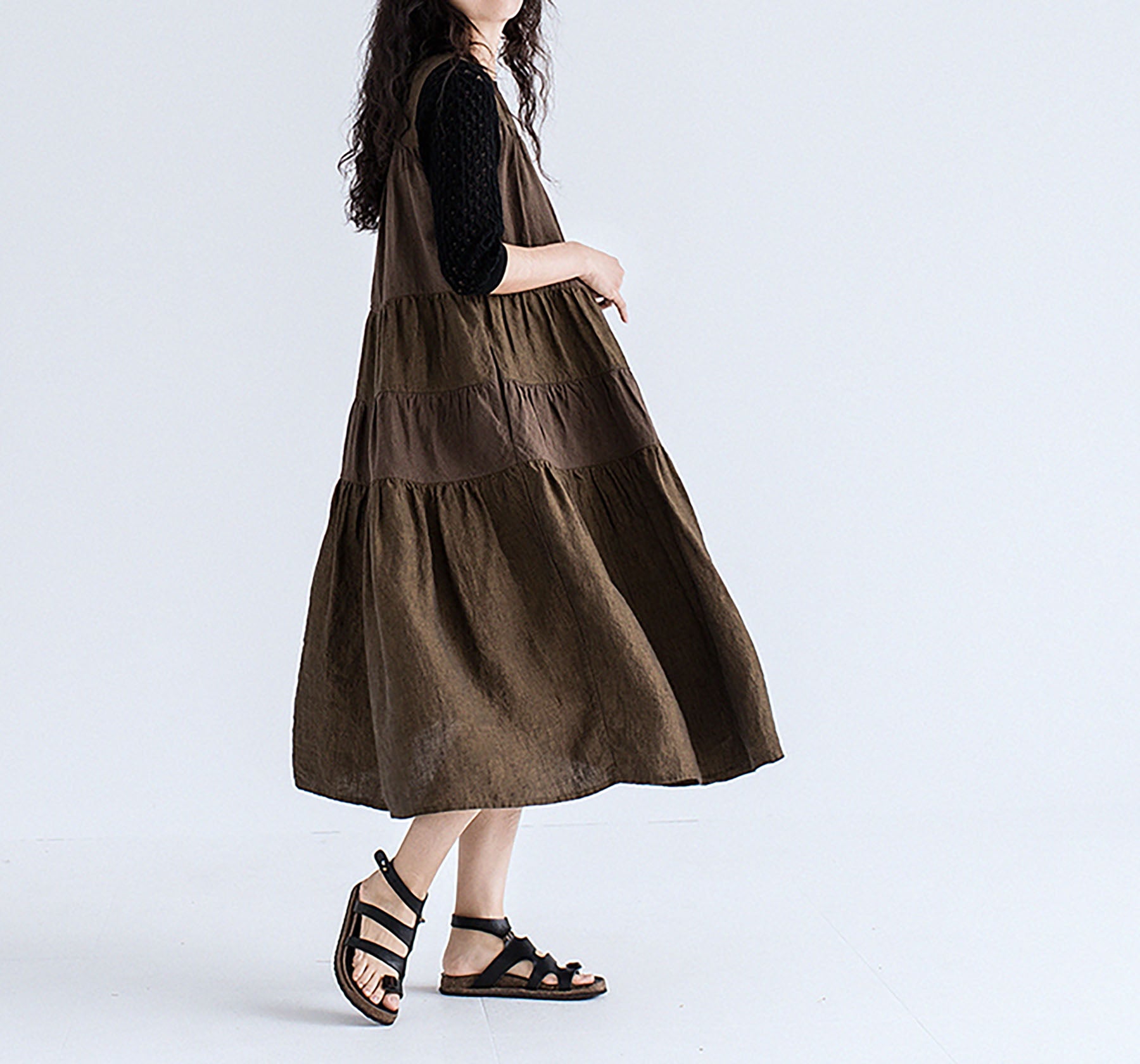 edoa Brown Two-tone Linen Tired Midi Dress