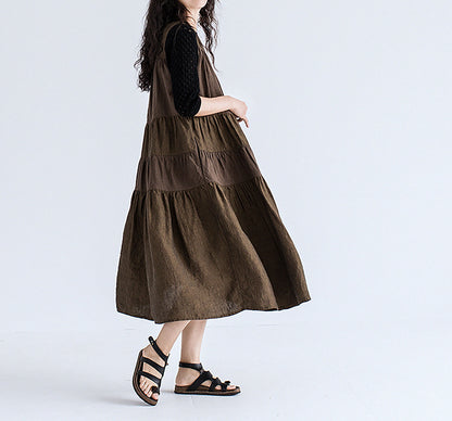 edoa Brown Two-tone Linen Tired Midi Dress