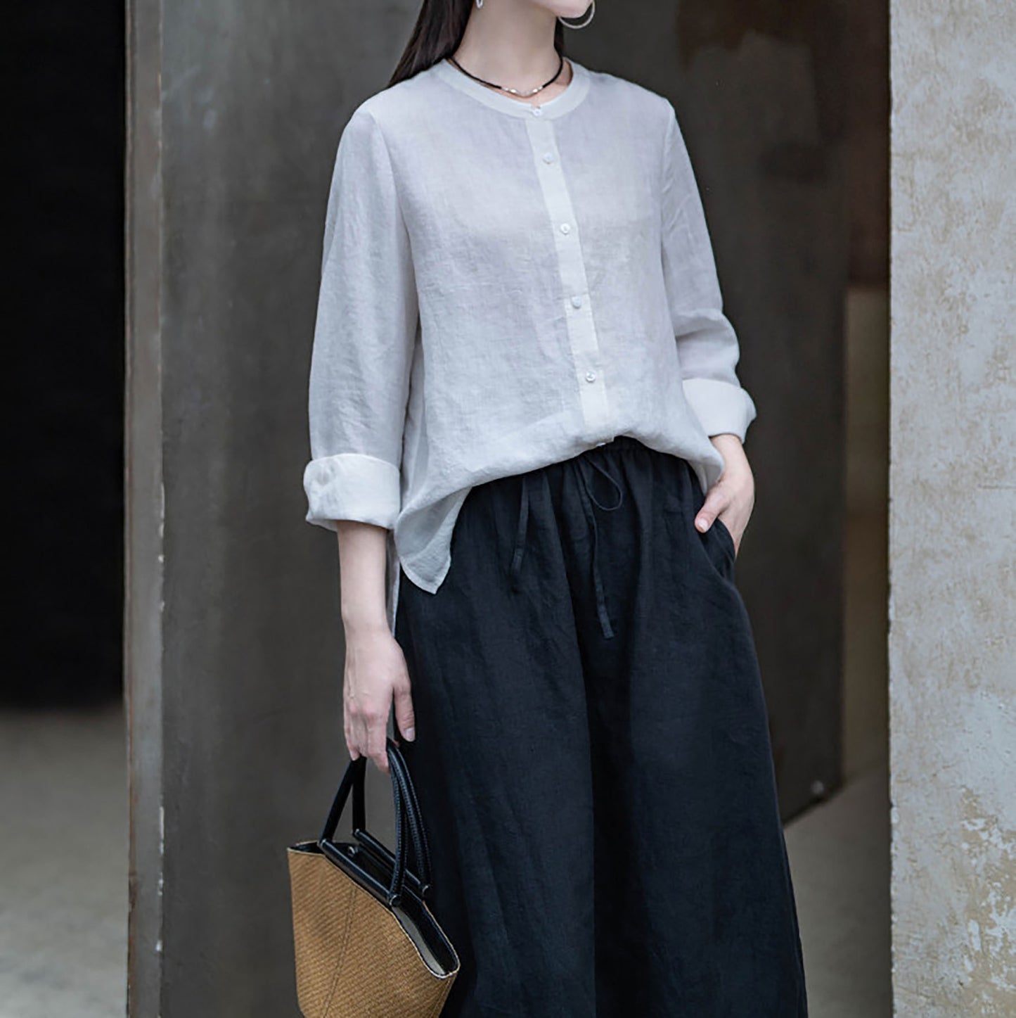 edoa White Linen Button Down Chinese Blouse