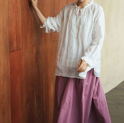 edoa Thin Ramie Pintuck Poet Blouse