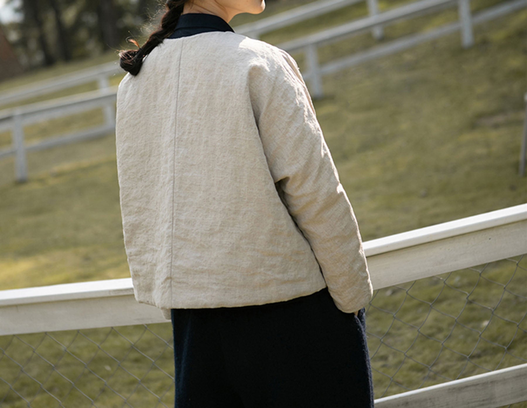 edoa Collarless Flax Linen Goose Down Chinese Jacket 