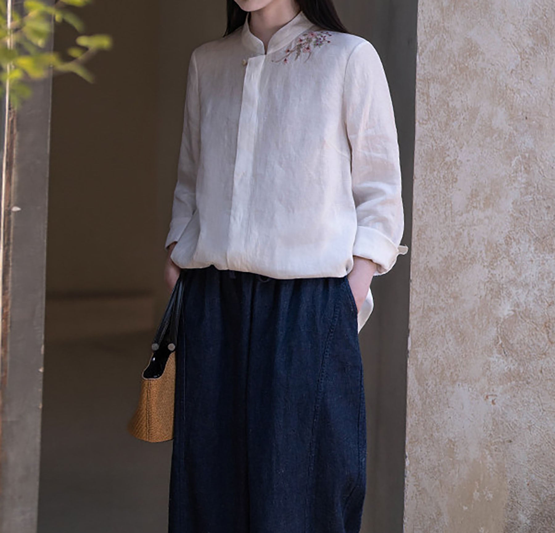edoa White Linen Chinese Blouse with Hand Embroidery
