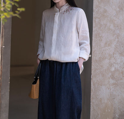 edoa White Linen Chinese Blouse with Hand Embroidery