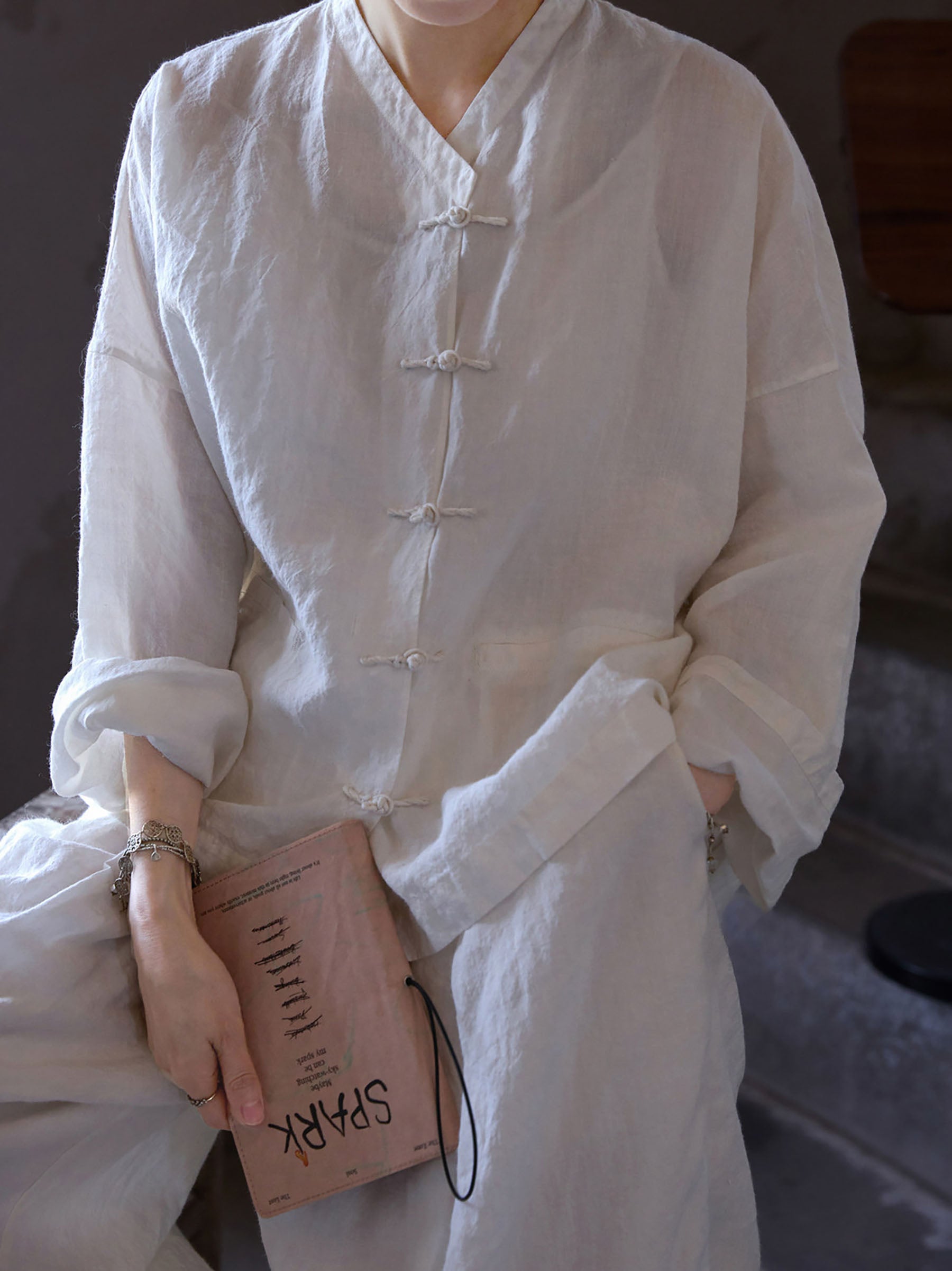 edoa Oversized Summer Oriental White Washed Ramie Chinese V-neck Button-up Shirt
