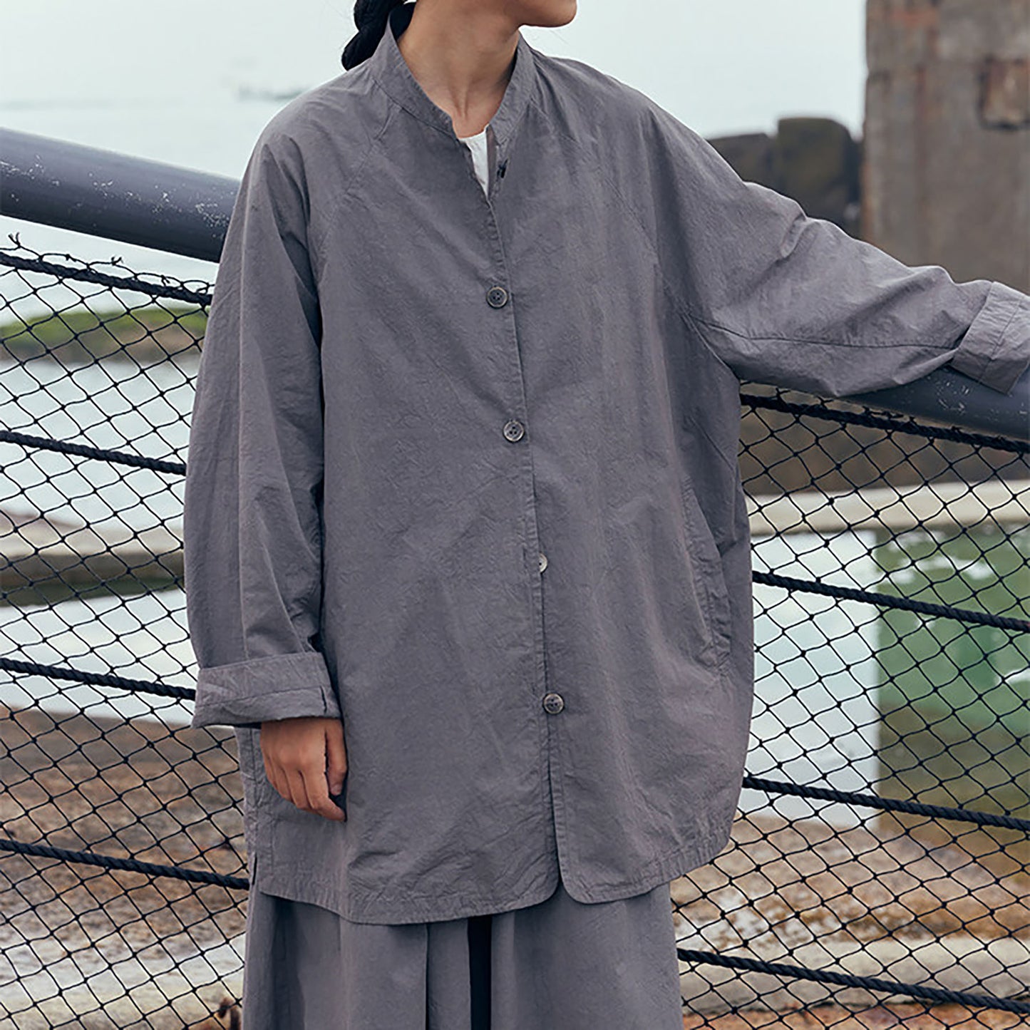 edoa Gray Loose Fitting High Densit Sun-dried Cotton Oriental Tang Jacket