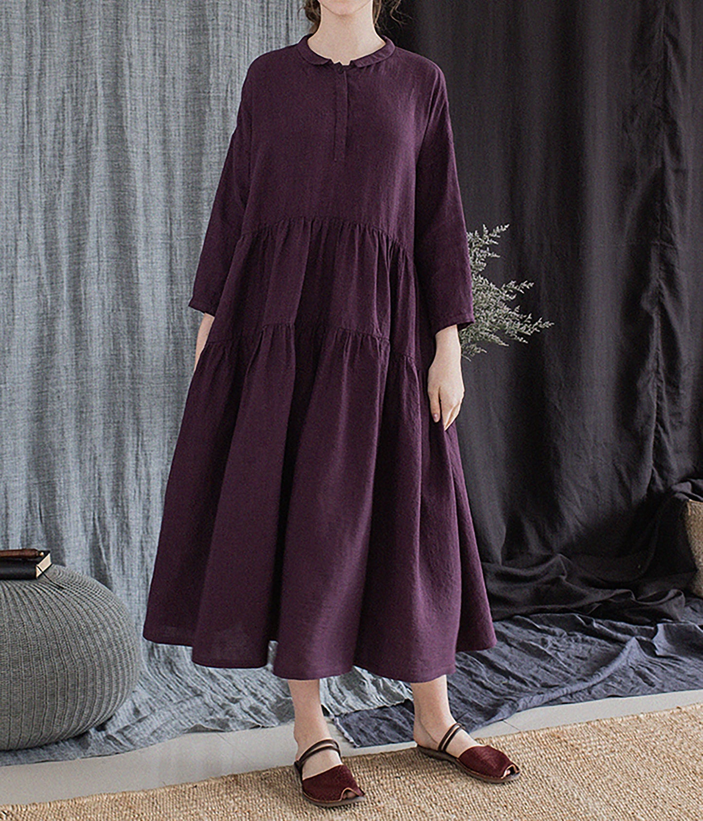 edoa Grape Purple Linen Peter Pan Collar Tiered Dress