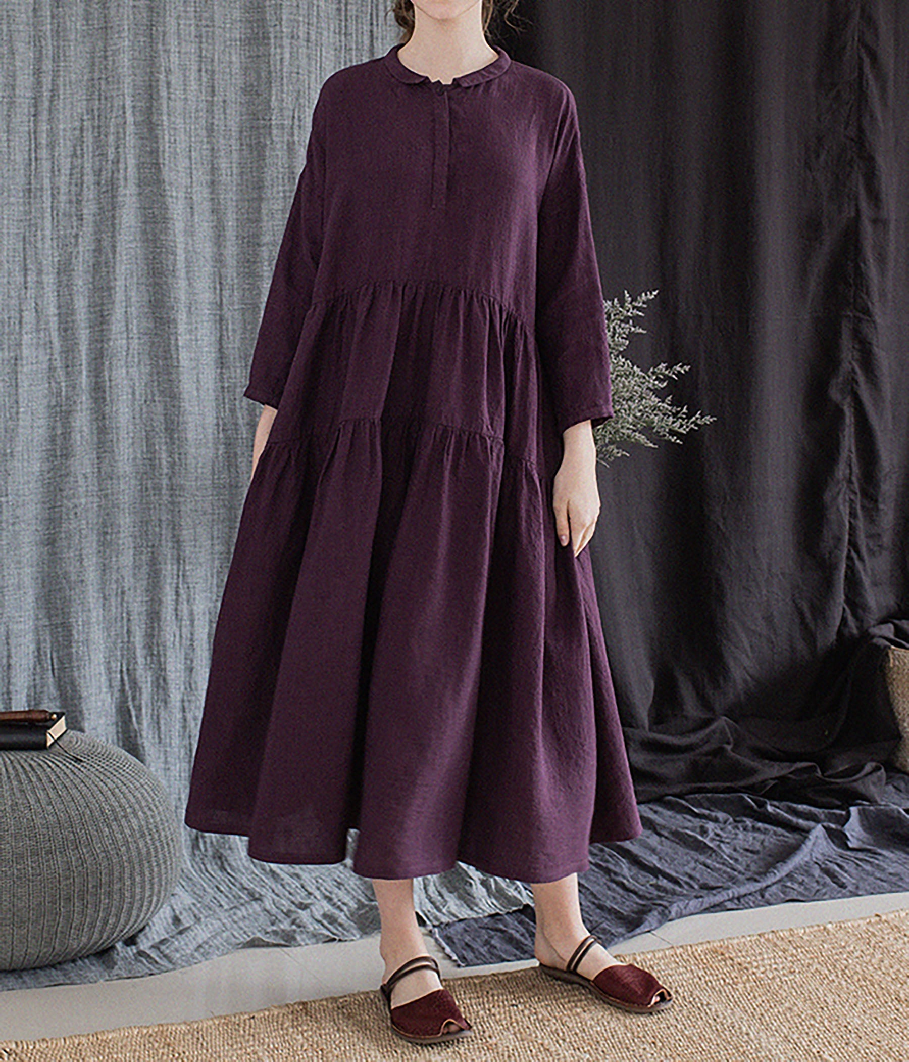 edoa Grape Purple Linen Peter Pan Collar Tiered Dress