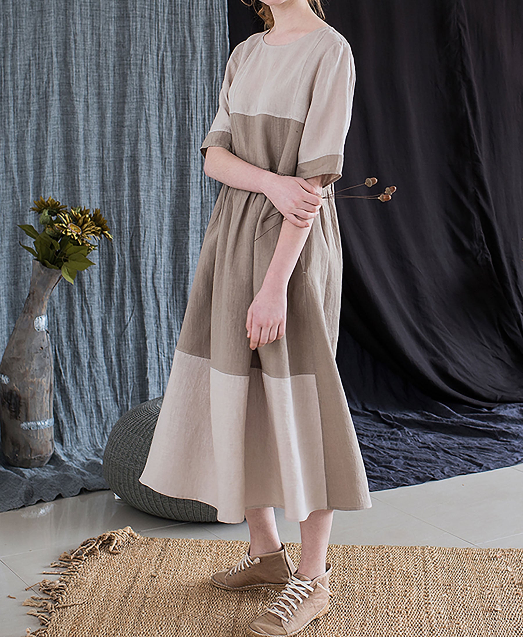 edoa Nordic Forest Series Linen Earth Tone Patchwork Half-Sleeve Dress