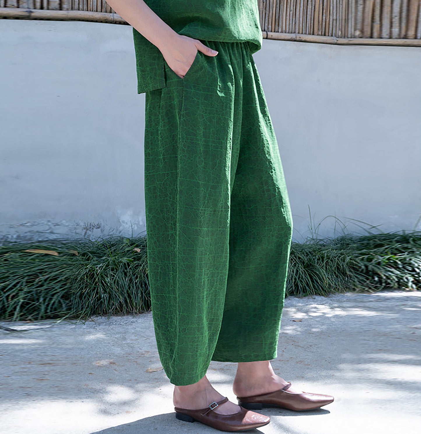 Emerald Green Cracked Mud Silk Tapered Pants pa0172 Q718