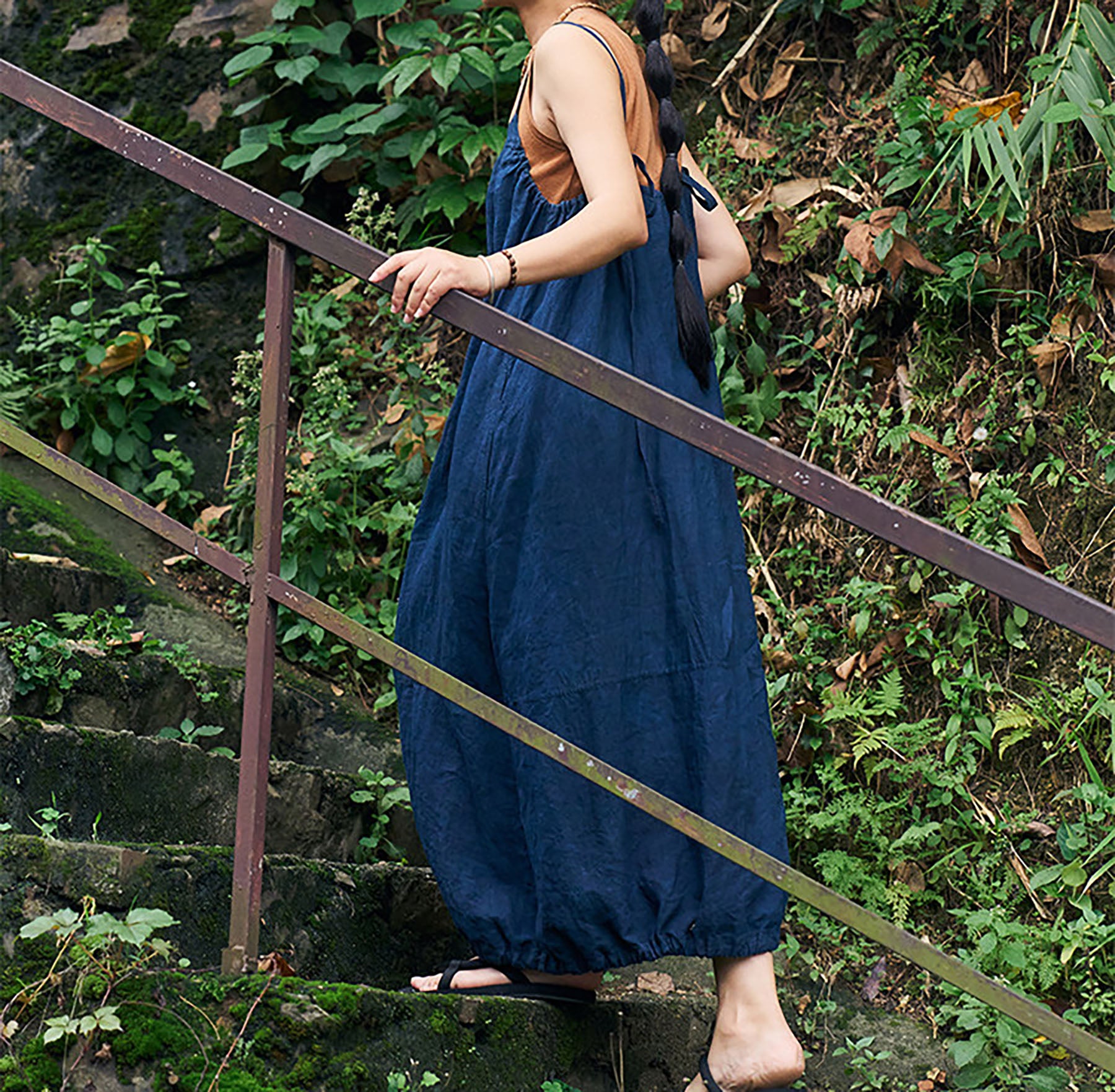 edoa Indigo Blue Linen Cocoon Shape Overall Dress