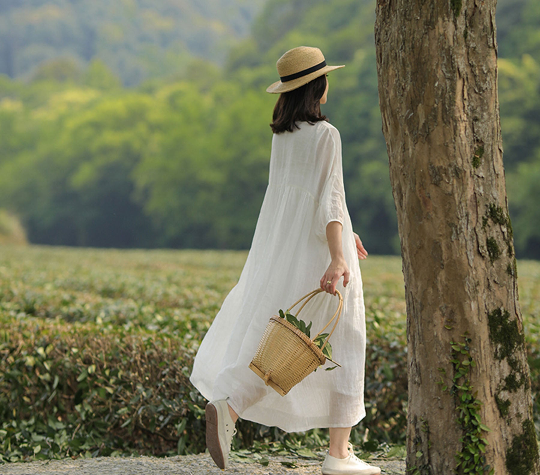 edoa High Counted Crinkled Ramie Dress 