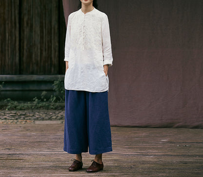edoa Washed Linen Blouse Decored with Toned Dupioni Hand-sewn Applique' 