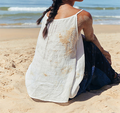 edoa Thin Linen Twin-Strap Cami Top with Pintucks