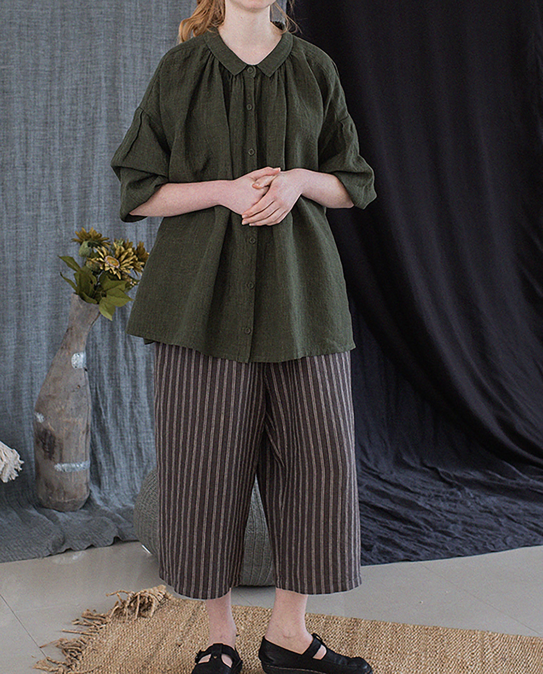 edoa Forest Green Linen Peter Pan Collar Babydoll Shirt