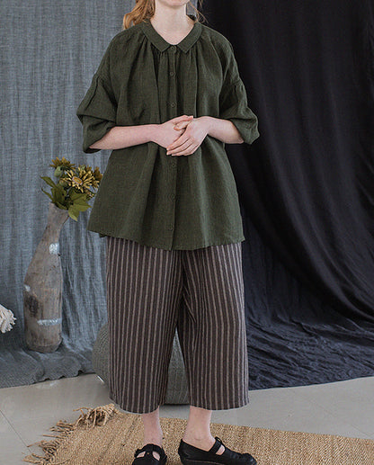 edoa Forest Green Linen Peter Pan Collar Babydoll Shirt