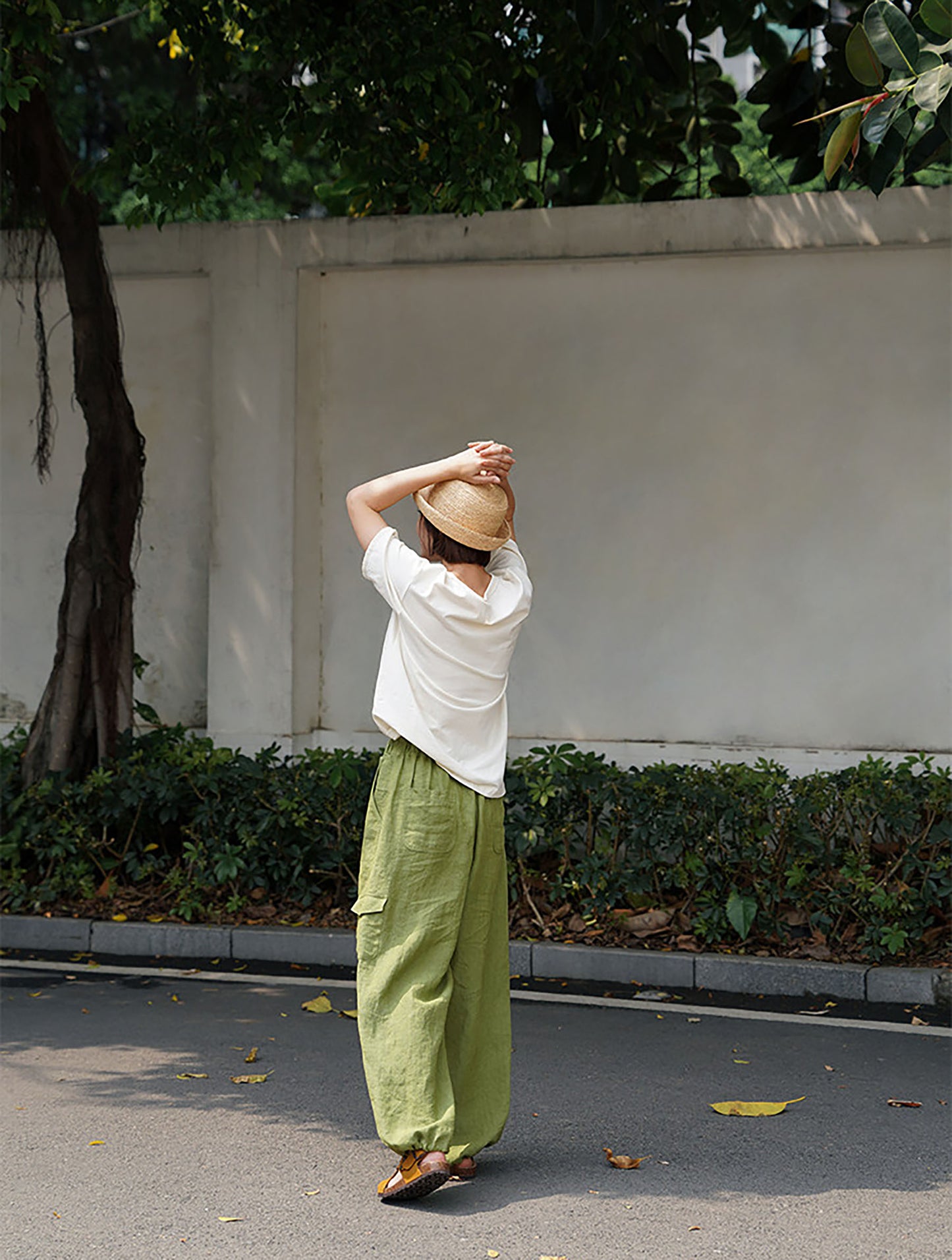 edoa Green Linen Elasticated Drawstring Waist Wide-leg Work Pants