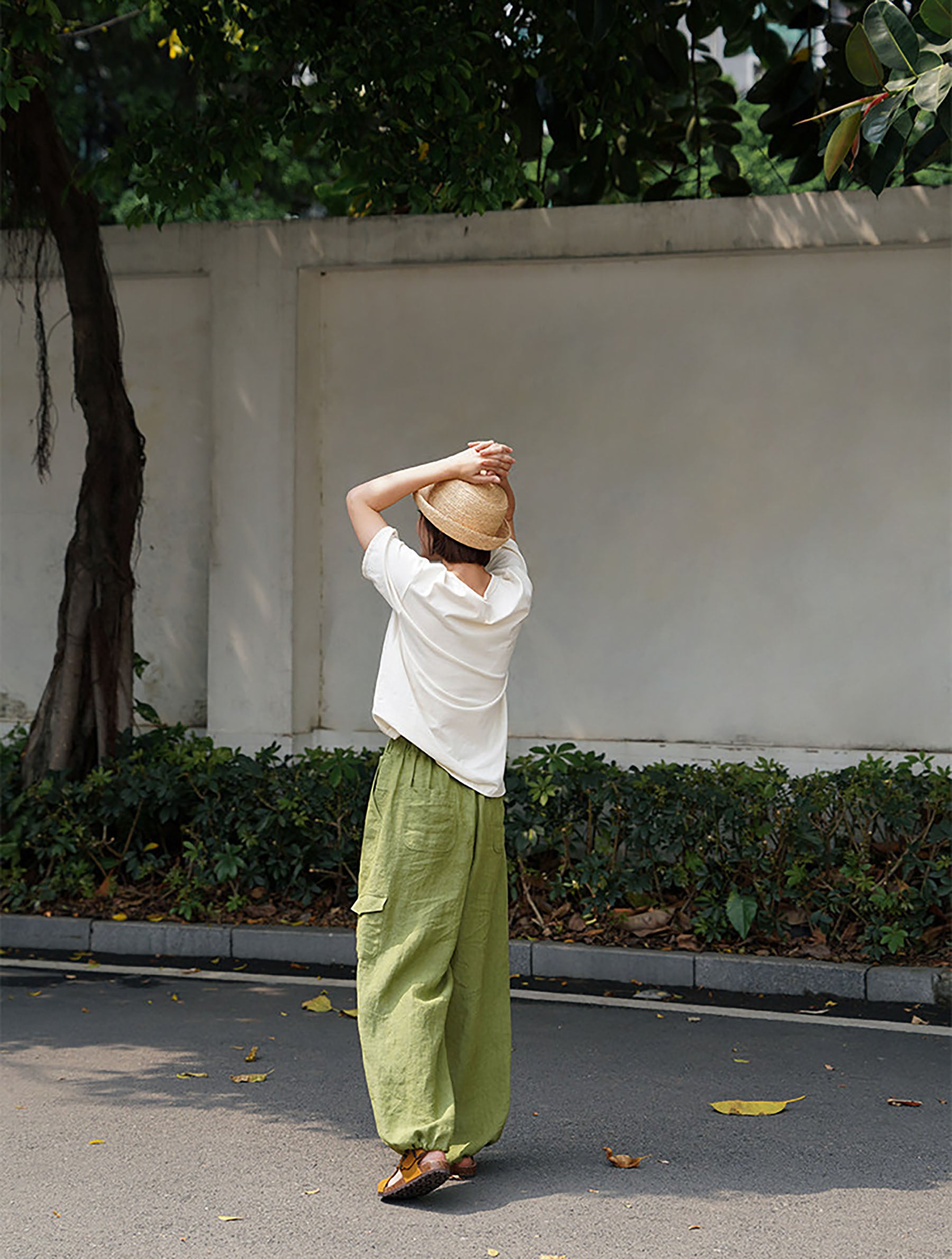 edoa Green Linen Elasticated Drawstring Waist Wide-leg Work Pants