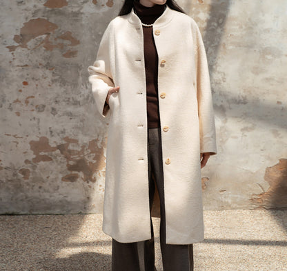 edoa White Winter Boiled Wool Chinese Coat