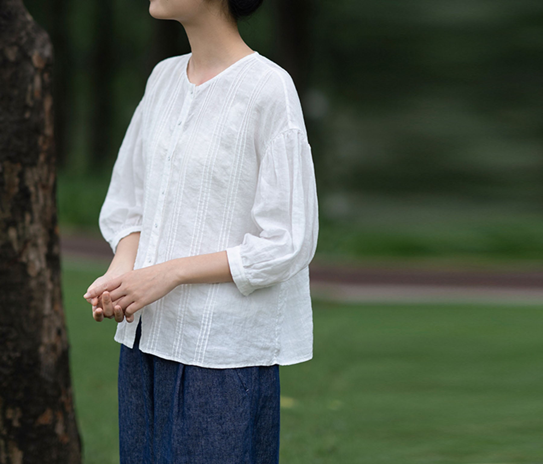 edoa Thin Linen Vertical Pin Tucks Blouse