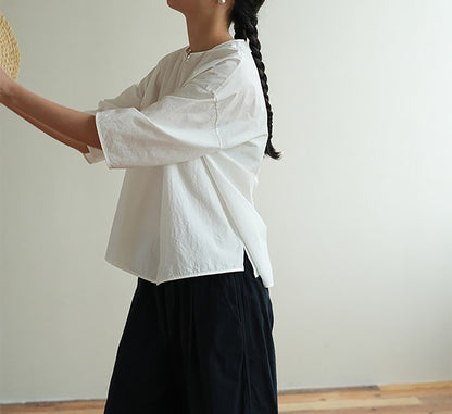edoa 3/4 Sleeves Paper Cotton Round Neck Chinese Shirt 