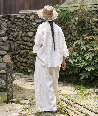 edoa White Linen Wide-leg Pants