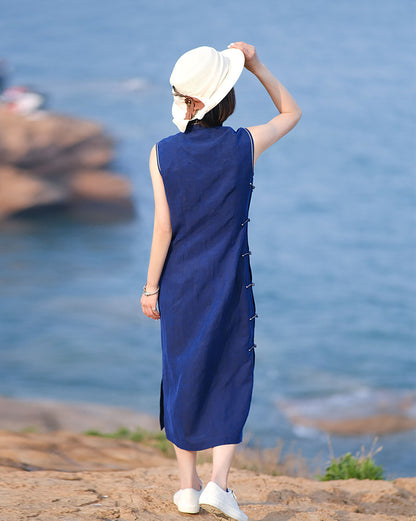 edoa Cracked Mud Silk Sleeveless Qipao Dress