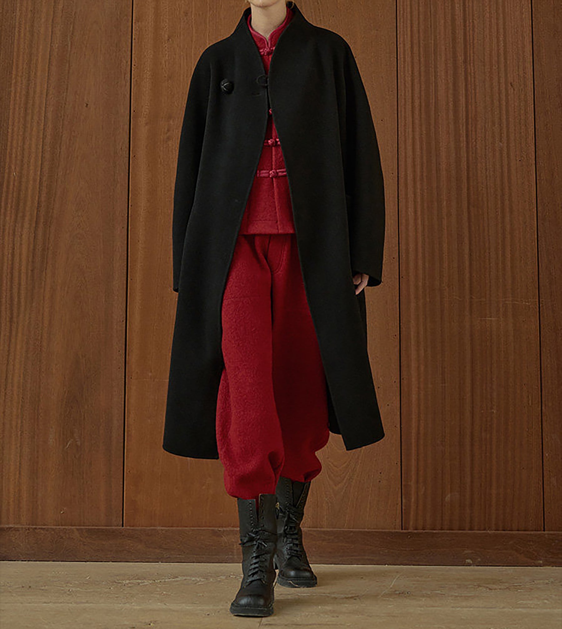 edoa New Chinese Style Double-faced Wool Long Coat