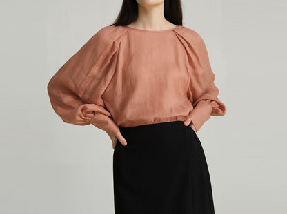 edoa Ramie Pleated Long Lantern Sleeve Blouse