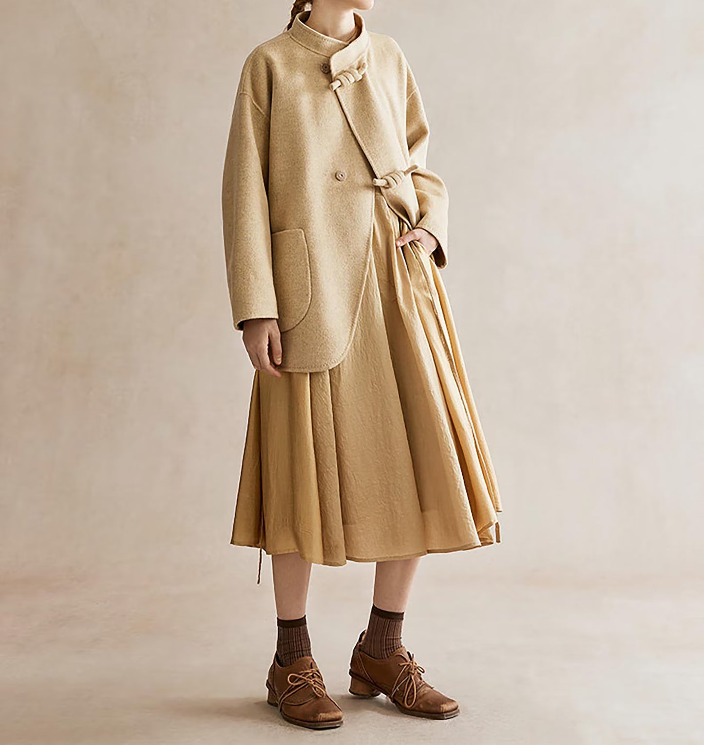 edoa New Chinese Style Double-faced Wool Coat