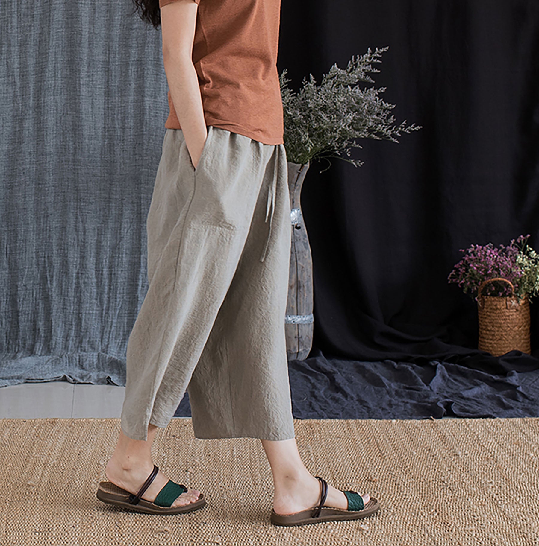 edoa Yarn Dyed French Linen Wide Pants