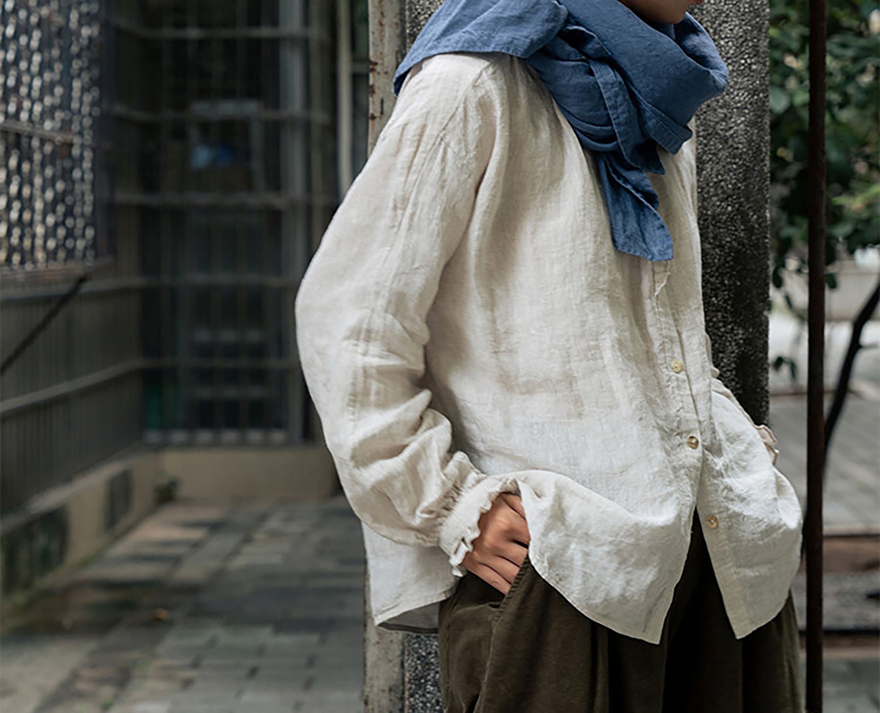 edoa Flax Linen Ruffled Blouse