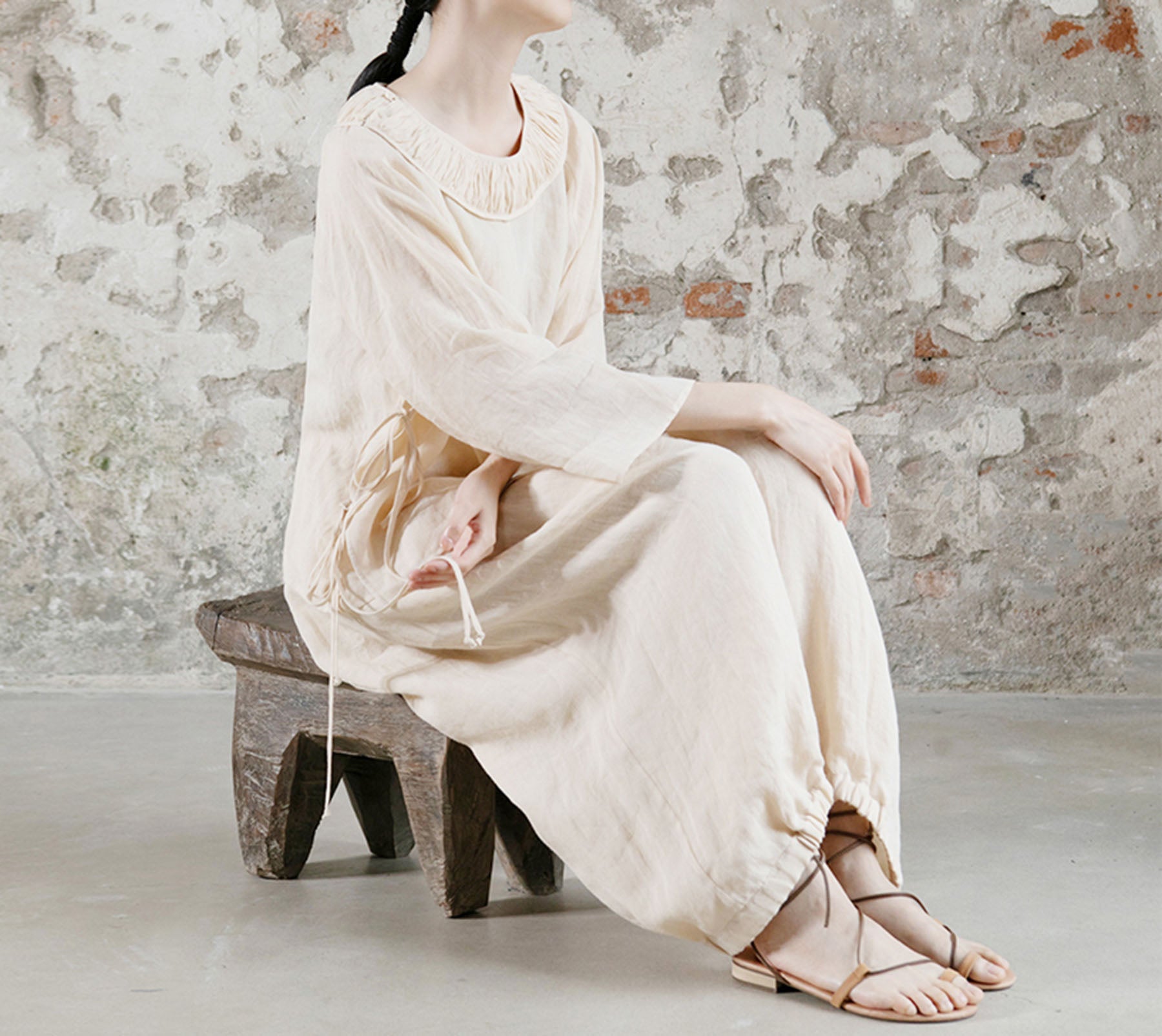 edoa Detachable Ruffle Collar Ramie Flared Blouse