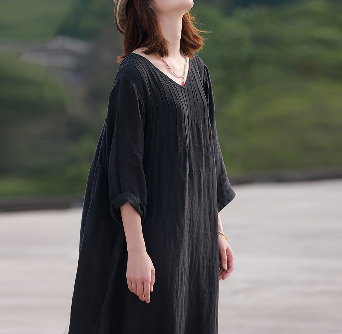 edoa Oversized Hand Pintucked Linen Ankle-length Dress
