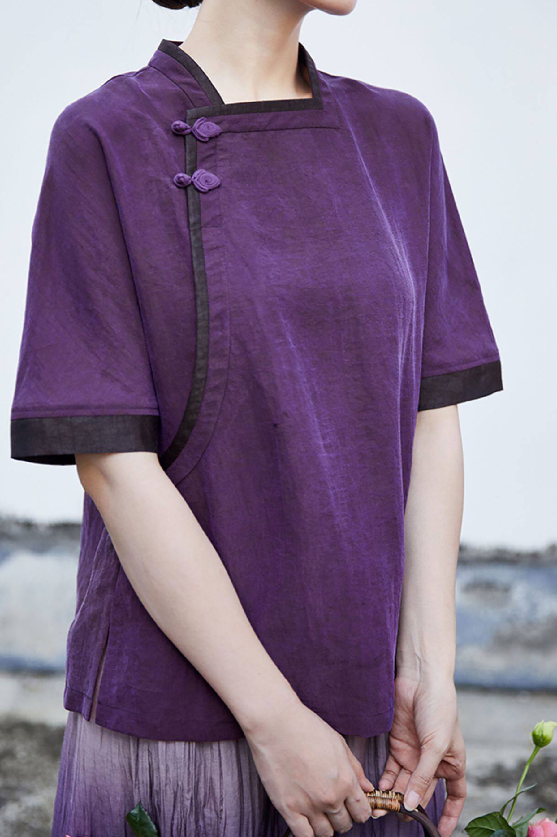 edoa Purple Cracked Mud Silk Chinese Blouse