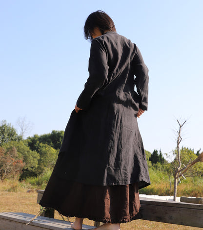edoa Loose Black Linen Wrap Qipao Dress