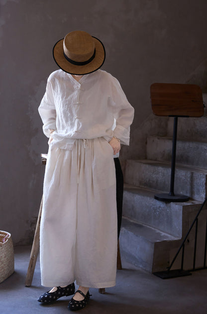 edoa Oversized Summer Oriental White Washed Ramie Chinese V-neck Button-up Shirt