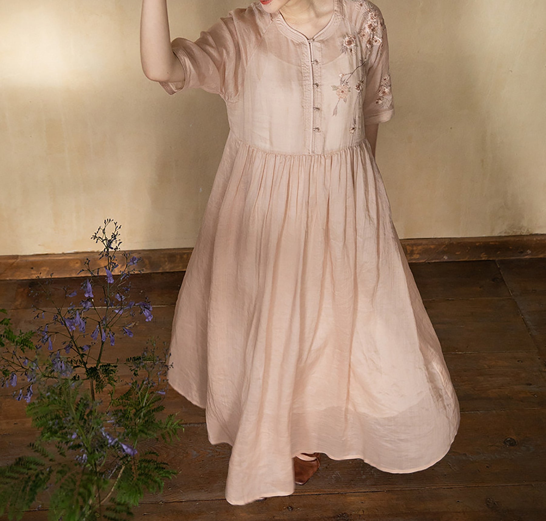 edoa Ramie Chinese Dress with Hand Embroidery