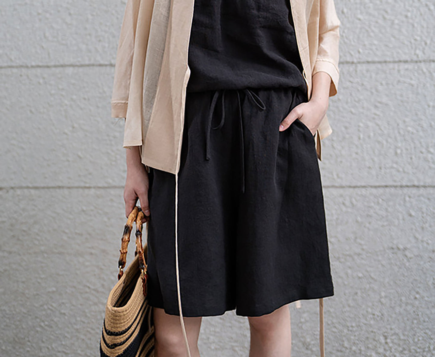Loose Fitting Black Linen Shorts sr0004 Q713