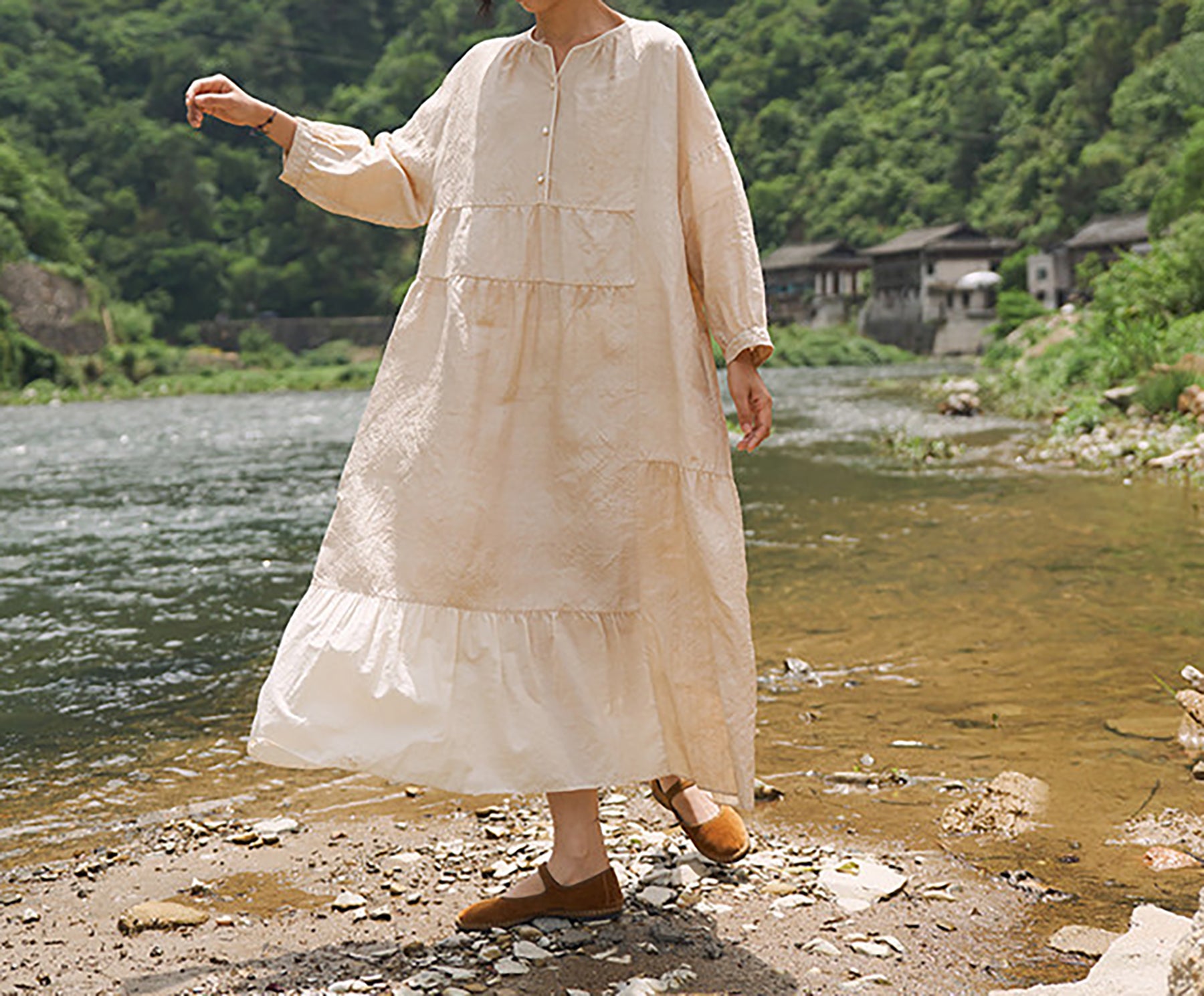 edoa Super Loose Fitting Tussah Silk Patchwork Tunic Dress