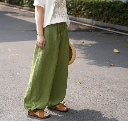 edoa Green Linen Elasticated Drawstring Waist Wide-leg Work Pants