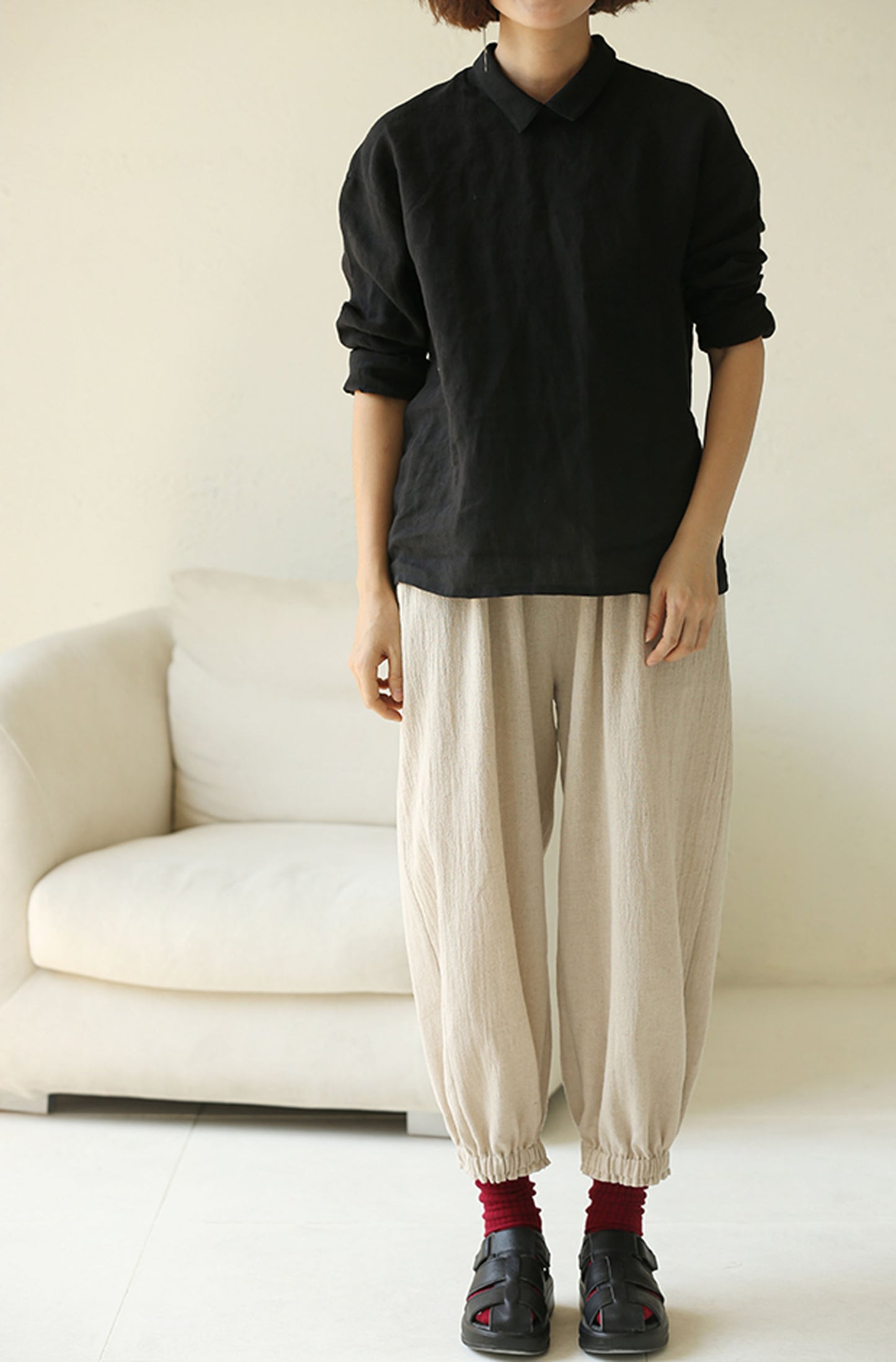edoa Washed Linen Long Sleeve Blouse