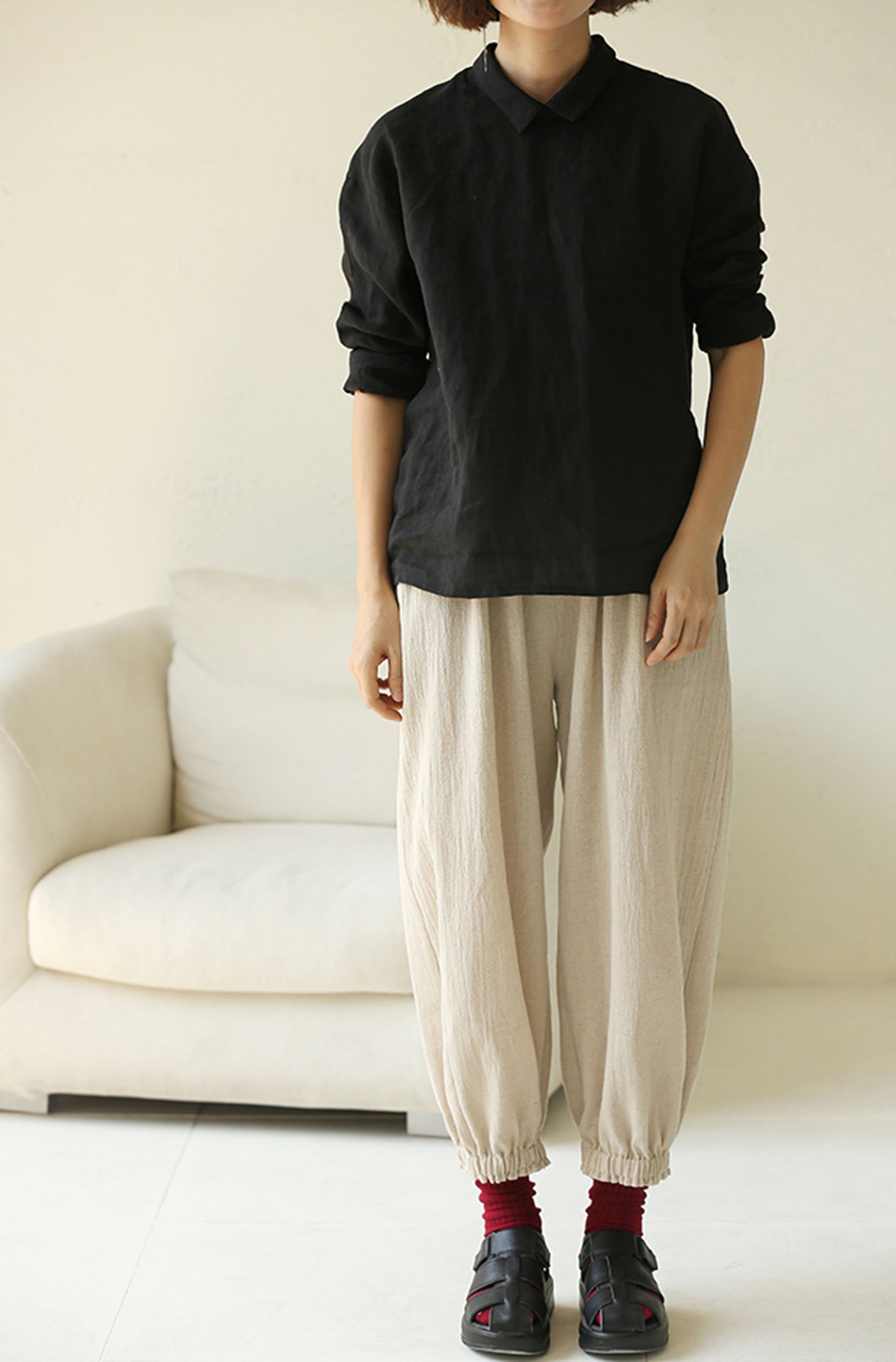 edoa Washed Linen Long Sleeve Blouse
