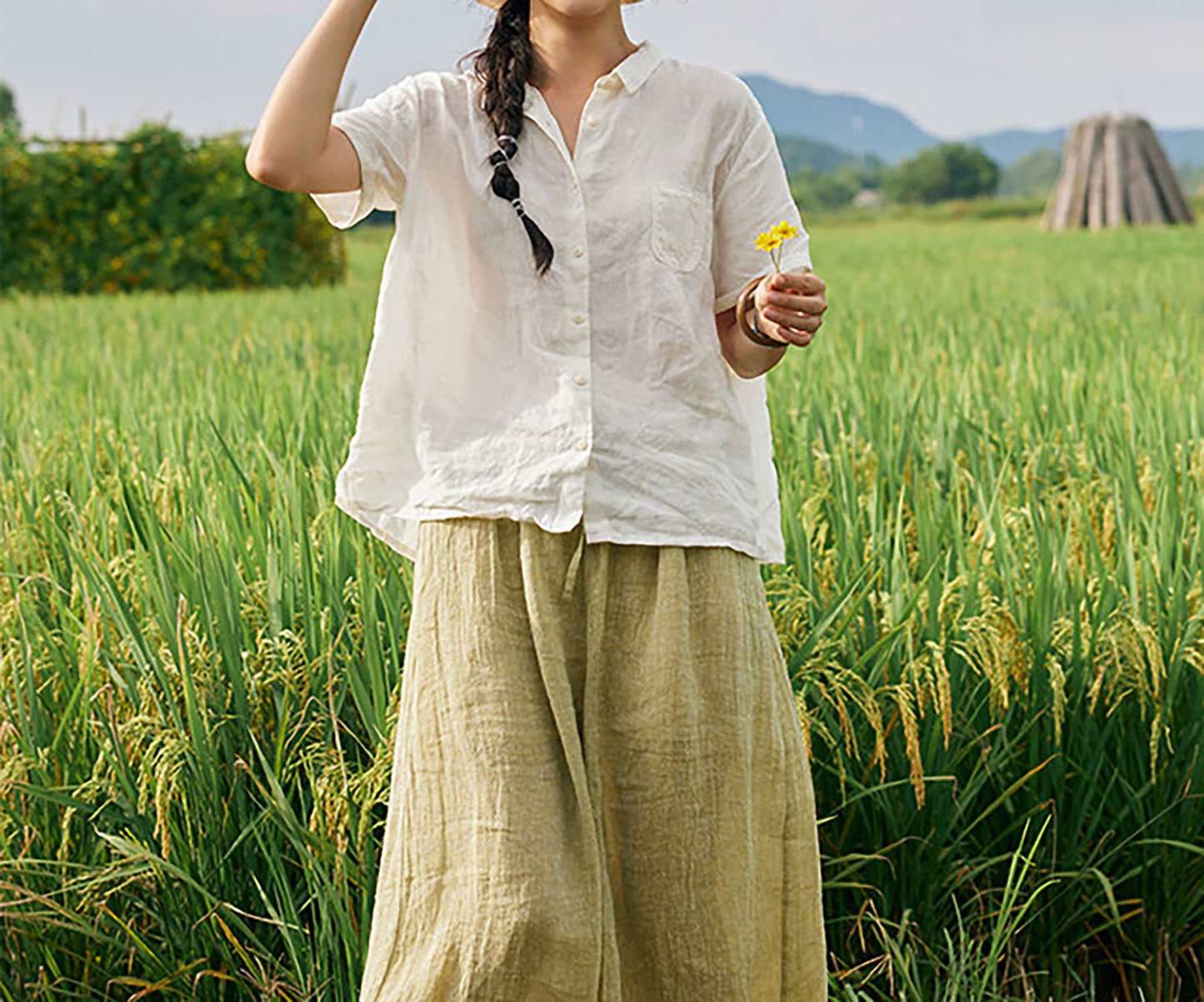 edoa Washed Linen Short Sleeve Artist Shirt 