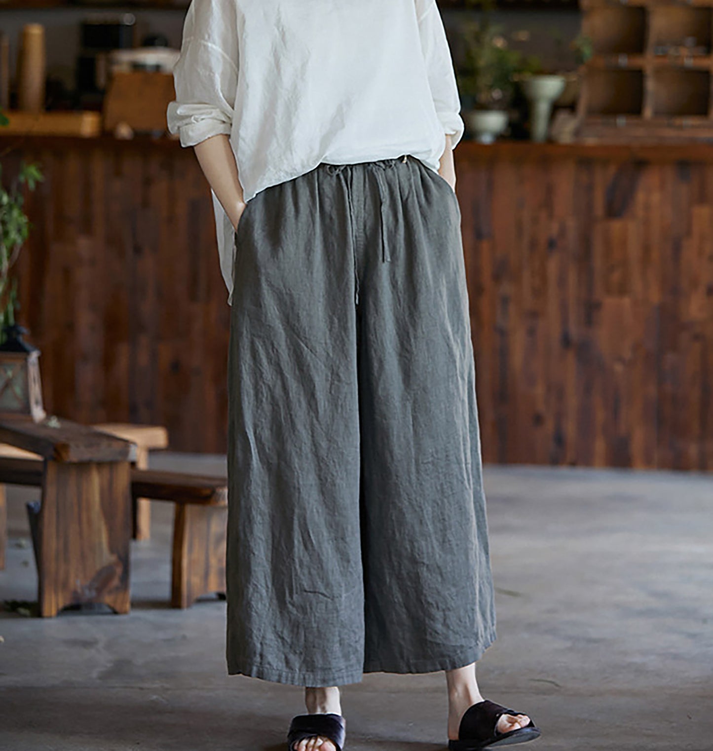edoa Gray Linen Wide Leg Pants