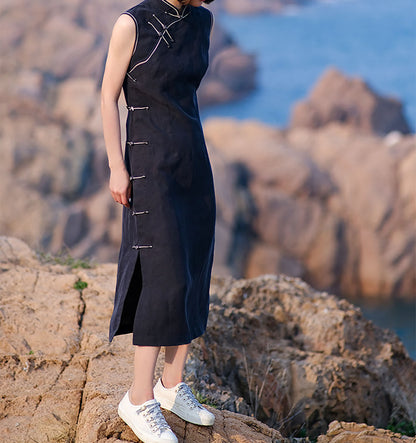 edoa Cracked Mud Silk Sleeveless Qipao Dress