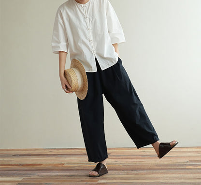 edoa 3/4 Sleeves Paper Cotton Round Neck Chinese Shirt 