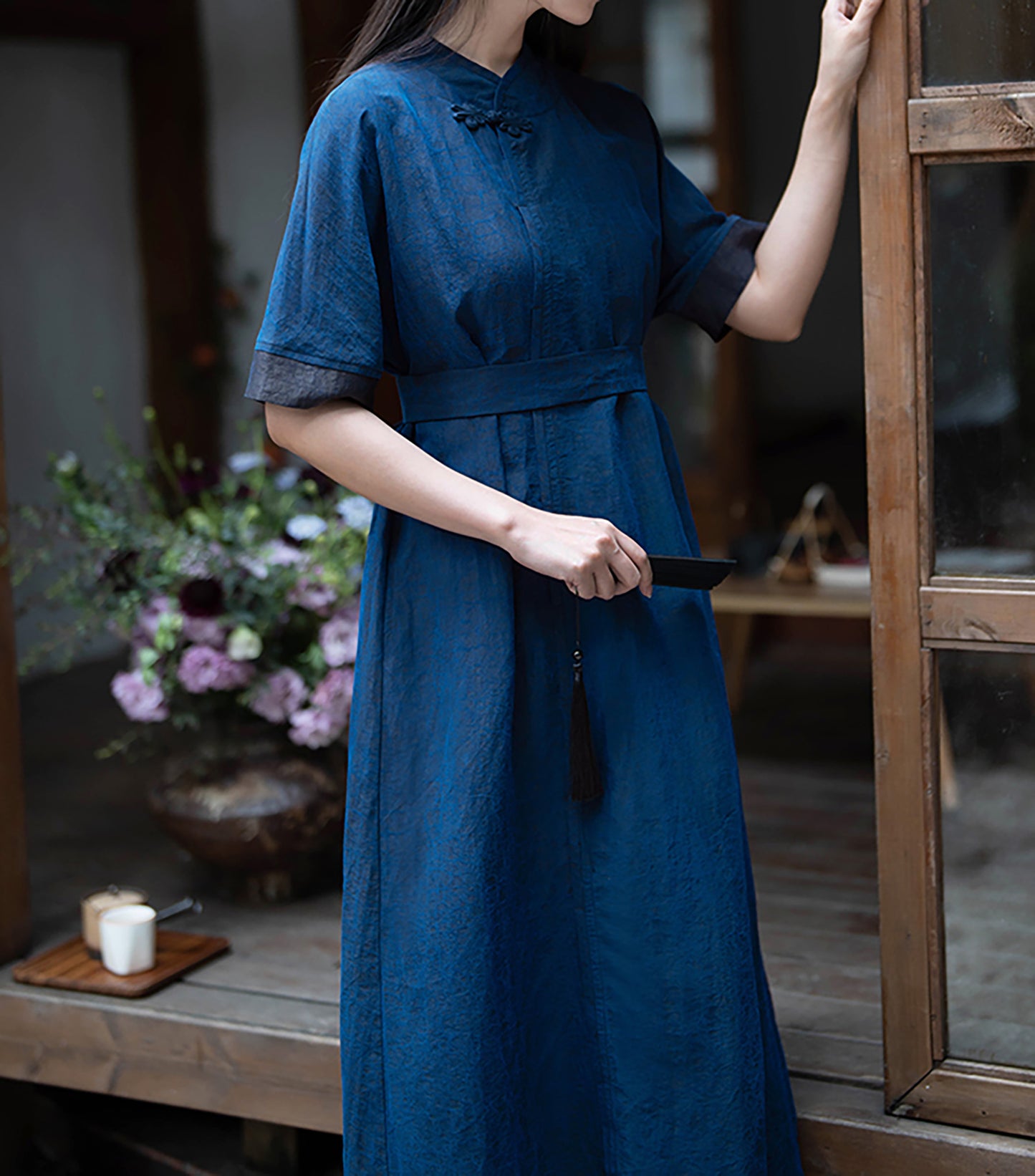 edoa Blue Cracked Mud Silk A-line Dress 